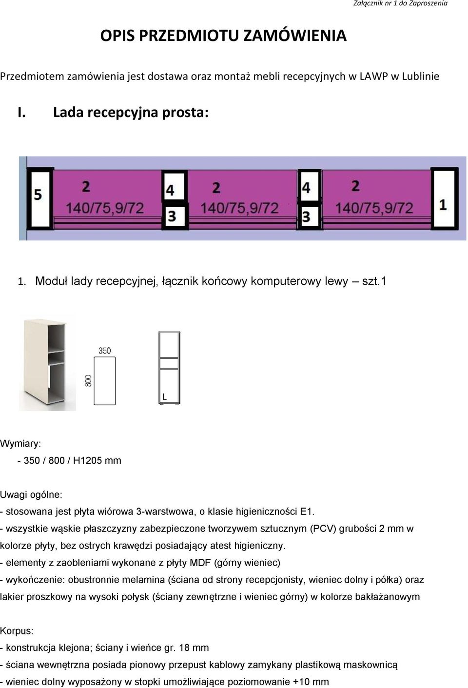 1-350 / 800 / H1205 mm - elementy z zaobleniami wykonane z płyty MDF (górny wieniec) (ściana od strony recepcjonisty, wieniec dolny i