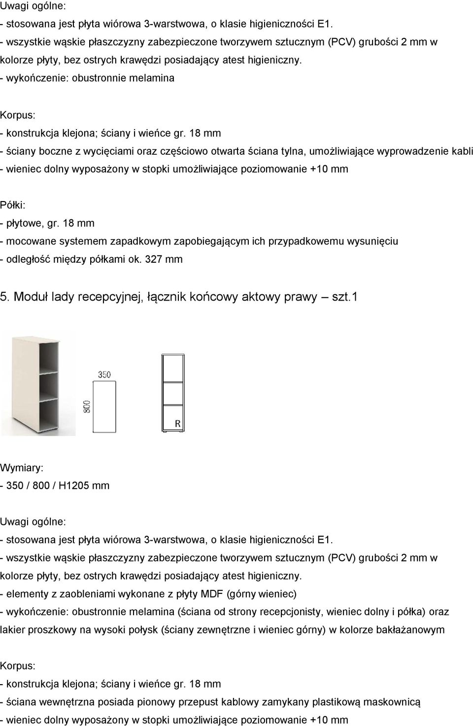 1-350 / 800 / H1205 mm - elementy z zaobleniami wykonane z płyty MDF (górny wieniec) (ściana od strony recepcjonisty, wieniec dolny