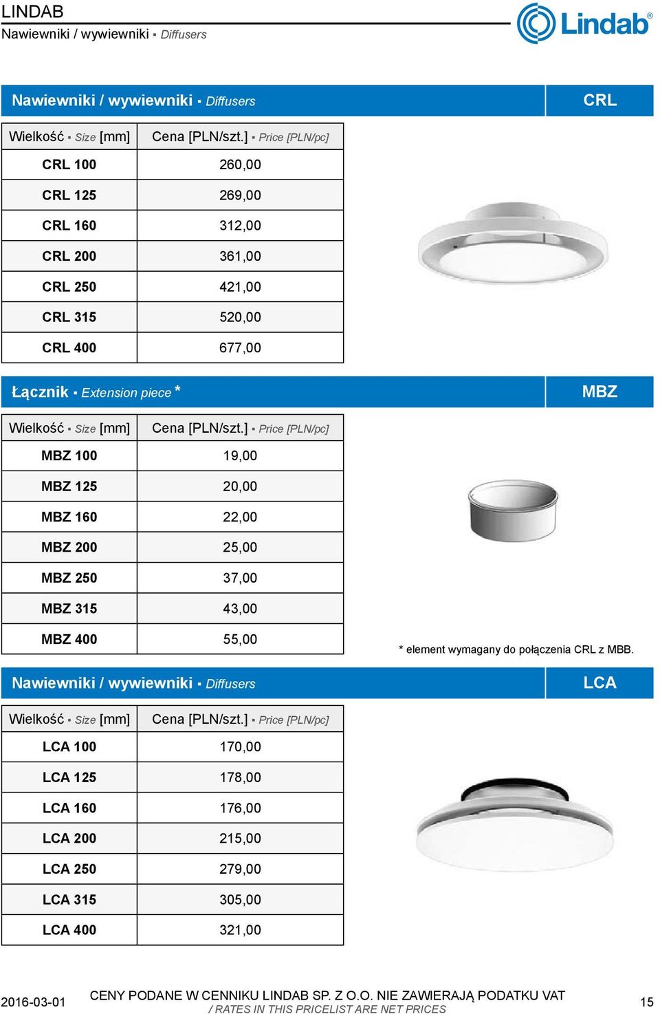 160 22,00 MBZ 200 25,00 MBZ 250 37,00 MBZ 315 43,00 MBZ 400 55,00 Nawiewniki / wywiewniki Diffusers * element wymagany do połączenia CRL z