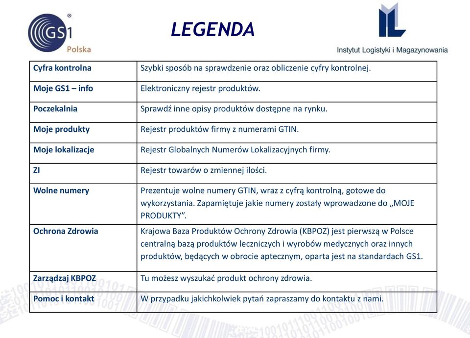 Rejestr towarów o zmiennej ilości. Prezentuje wolne numery GTIN, wraz z cyfrą kontrolną, gotowe do wykorzystania. Zapamiętuje jakie numery zostały wprowadzone do MOJE PRODUKTY.