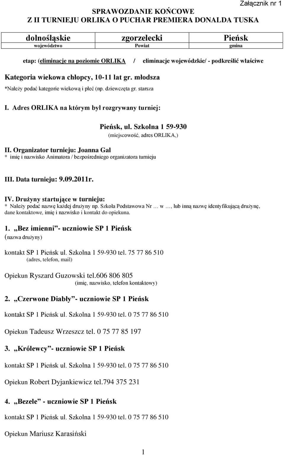 Adres ORLIKA na którym był rozgrywany turniej: Pieńsk, ul. Szkolna 1 59-930 (miejscowość, adres ORLIKA,) II.