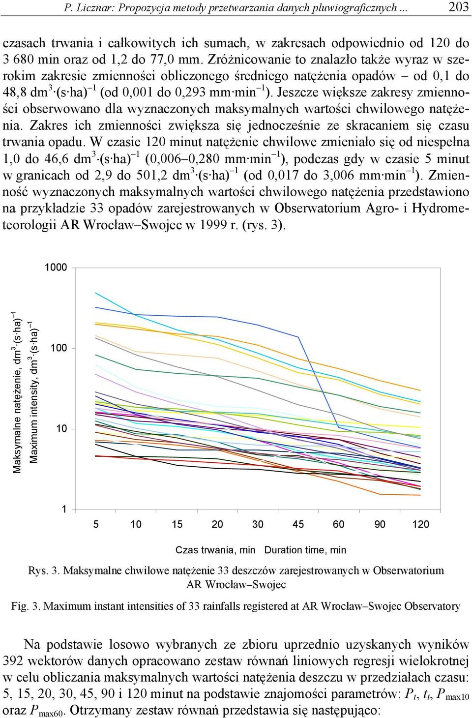 Jeszcze większe zakresy zmienności obserwowano dla wyznaczonych maksymalnych wartości chwilowego natężenia. Zakres ich zmienności zwiększa się jednocześnie ze skracaniem się czasu trwania opadu.