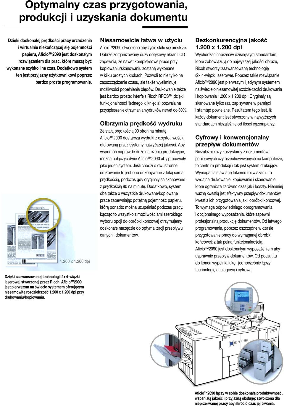 200 dpi Dzięki zaawansowanej technologii 2x 4-wiązki laserowej stworzonej przez Ricoh, Aficio 2090 jest pierwszym na świecie systemem oferującym niesamowitą rozdzielczość 1.200 x 1.