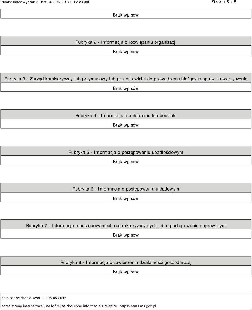 Informacja o postępowaniu układowym Rubryka 7 - Informacje o postępowaniach restrukturyzacyjnych lub o postępowaniu naprawczym Rubryka 8 - Informacja o