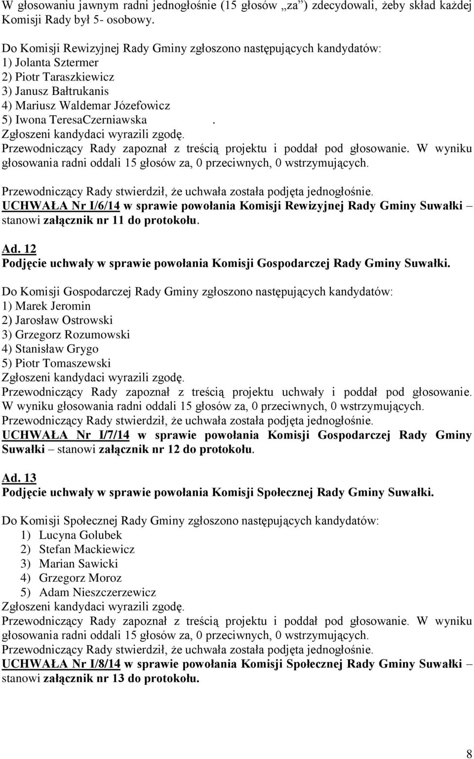 Zgłoszeni kandydaci wyrazili zgodę. Przewodniczący Rady zapoznał z treścią projektu i poddał pod głosowanie. W wyniku głosowania radni oddali 15 głosów za, 0 przeciwnych, 0 wstrzymujących.