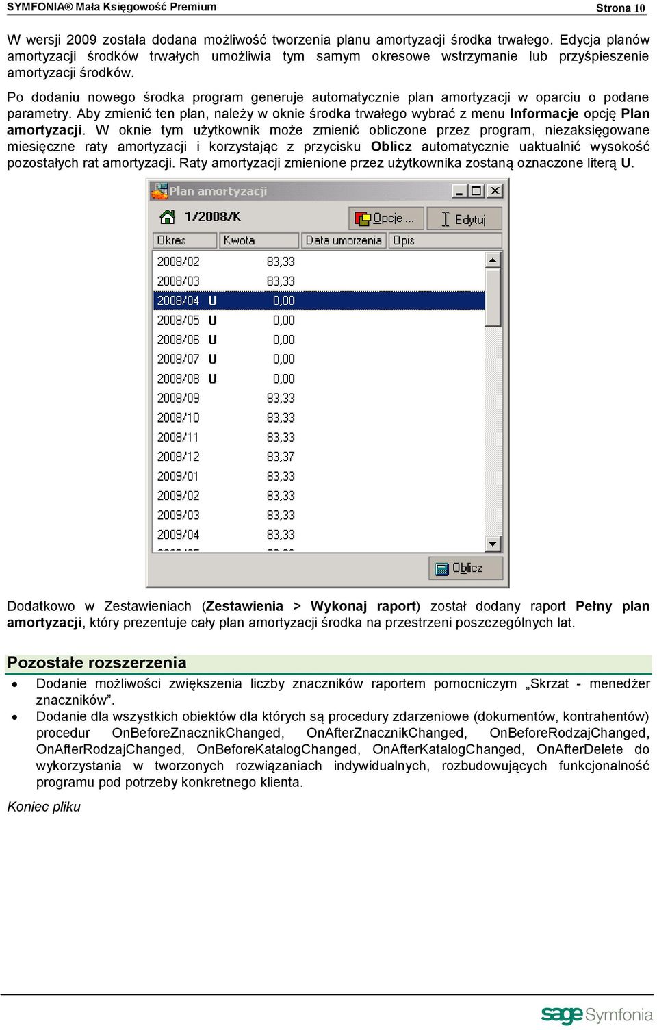 Po dodaniu nowego środka program generuje automatycznie plan amortyzacji w oparciu o podane parametry.