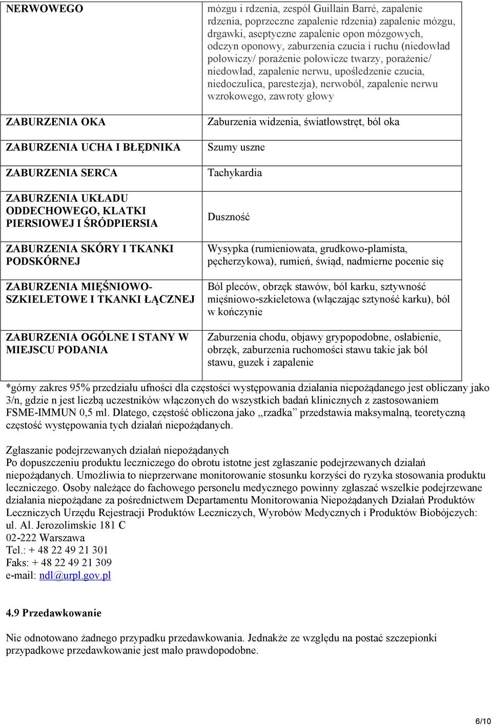 zapalenie opon mózgowych, odczyn oponowy, zaburzenia czucia i ruchu (niedowład połowiczy/ porażenie połowicze twarzy, porażenie/ niedowład, zapalenie nerwu, upośledzenie czucia, niedoczulica,