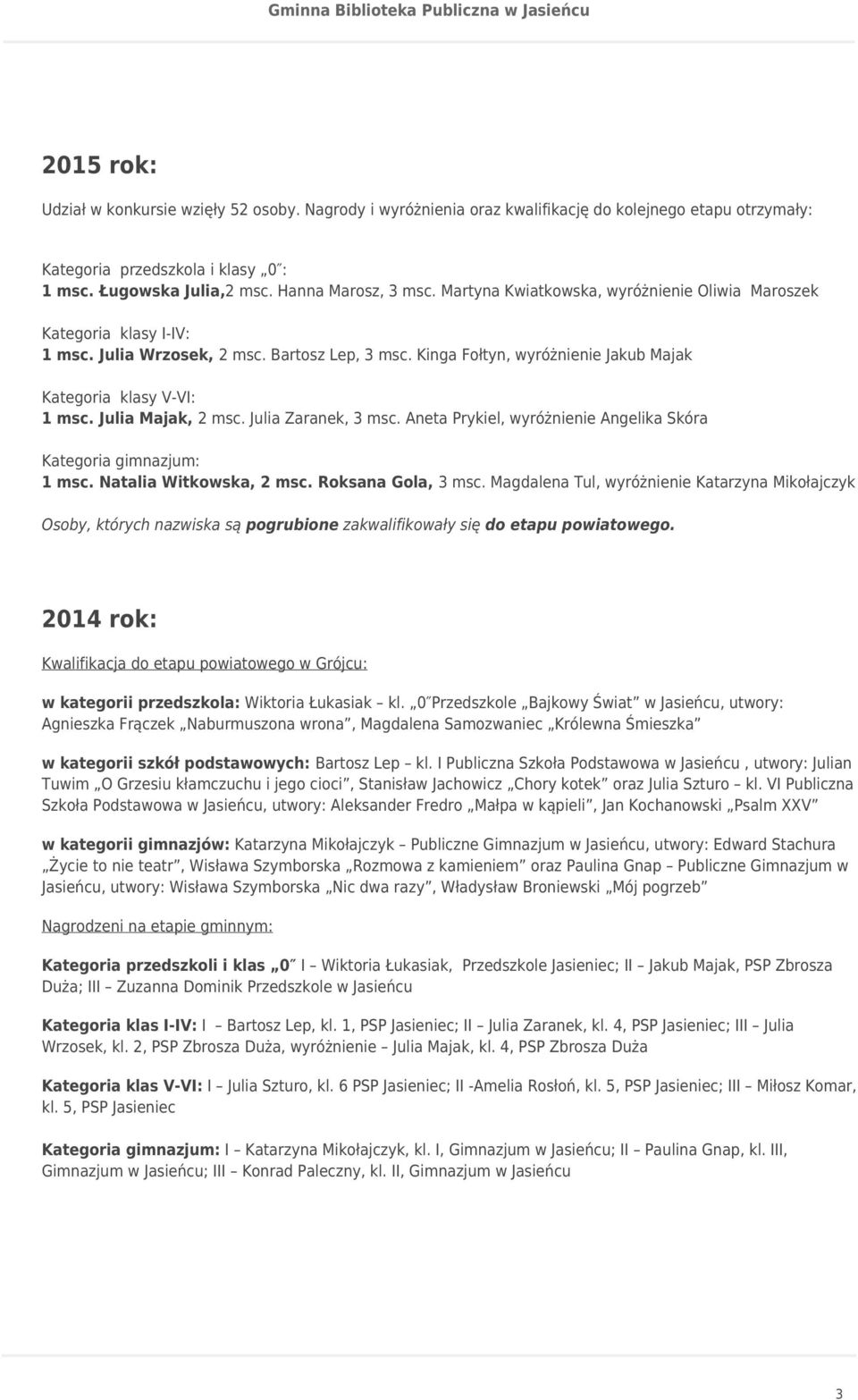 Julia Majak, 2 msc. Julia Zaranek, 3 msc. Aneta Prykiel, wyróżnienie Angelika Skóra Kategoria gimnazjum: 1 msc. Natalia Witkowska, 2 msc. Roksana Gola, 3 msc.