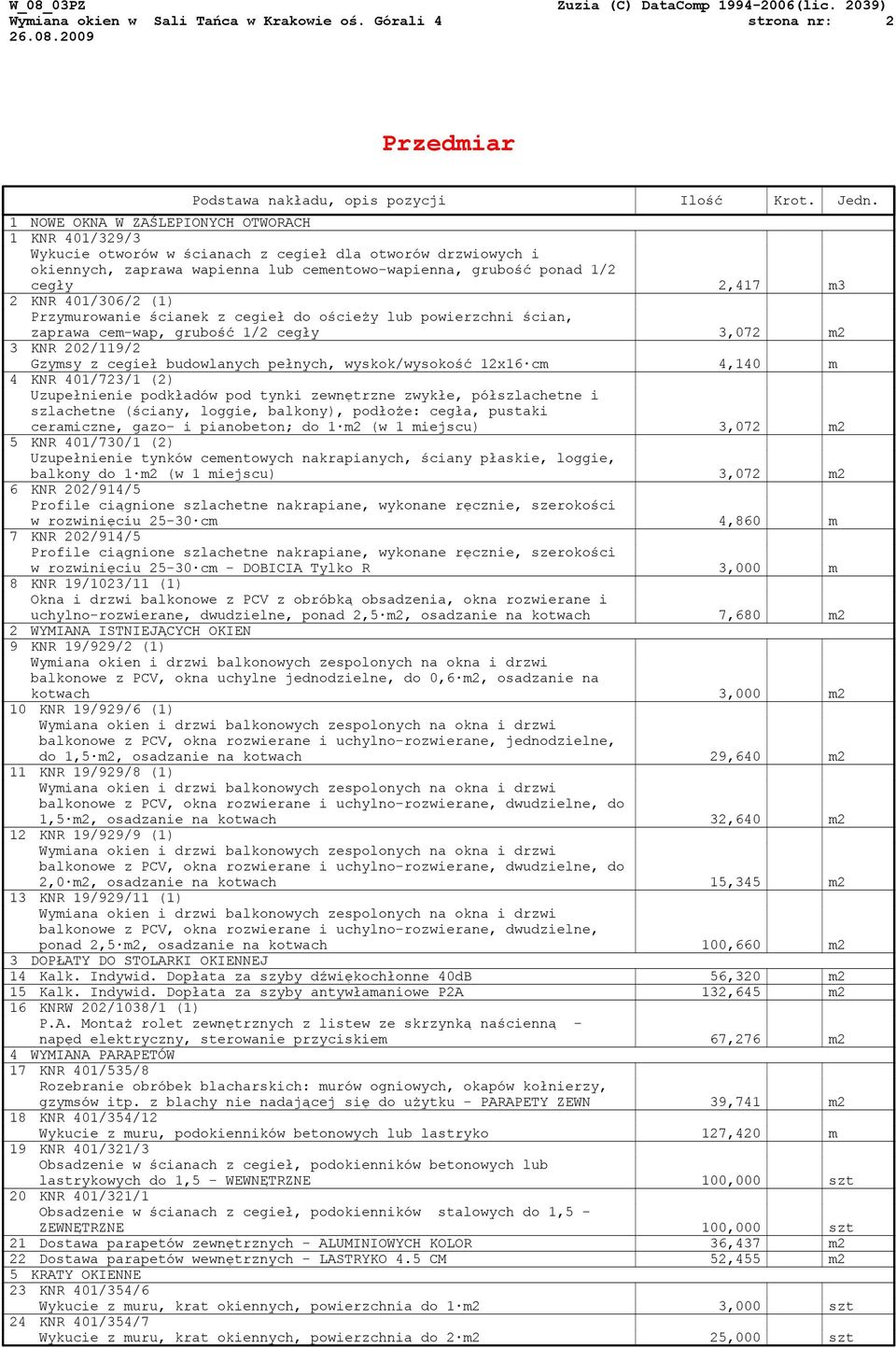 KNR 401/306/2 (1) Przymurowanie ścianek z cegieł do ościeży lub powierzchni ścian, zaprawa cem-wap, grubość 1/2 cegły 3,072 m2 3 KNR 202/119/2 Gzymsy z cegieł budowlanych pełnych, wyskok/wysokość