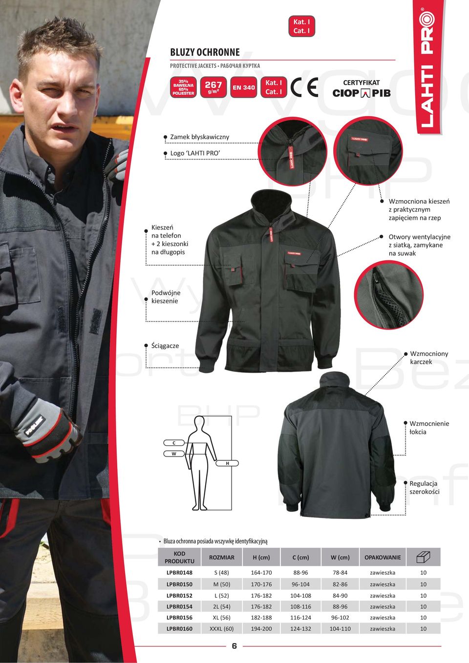 Bezpiecze Bluza ochronna posiada wszywkę identyfikacyjną ROZMIAR H (cm) C (cm) W (cm) LPBR0148 S (48) 164-170 88-96 78-84 zawieszka 10 LPBR0150 M (50) 170-176 96-104 82-86 zawieszka 10 LPBR0152 L