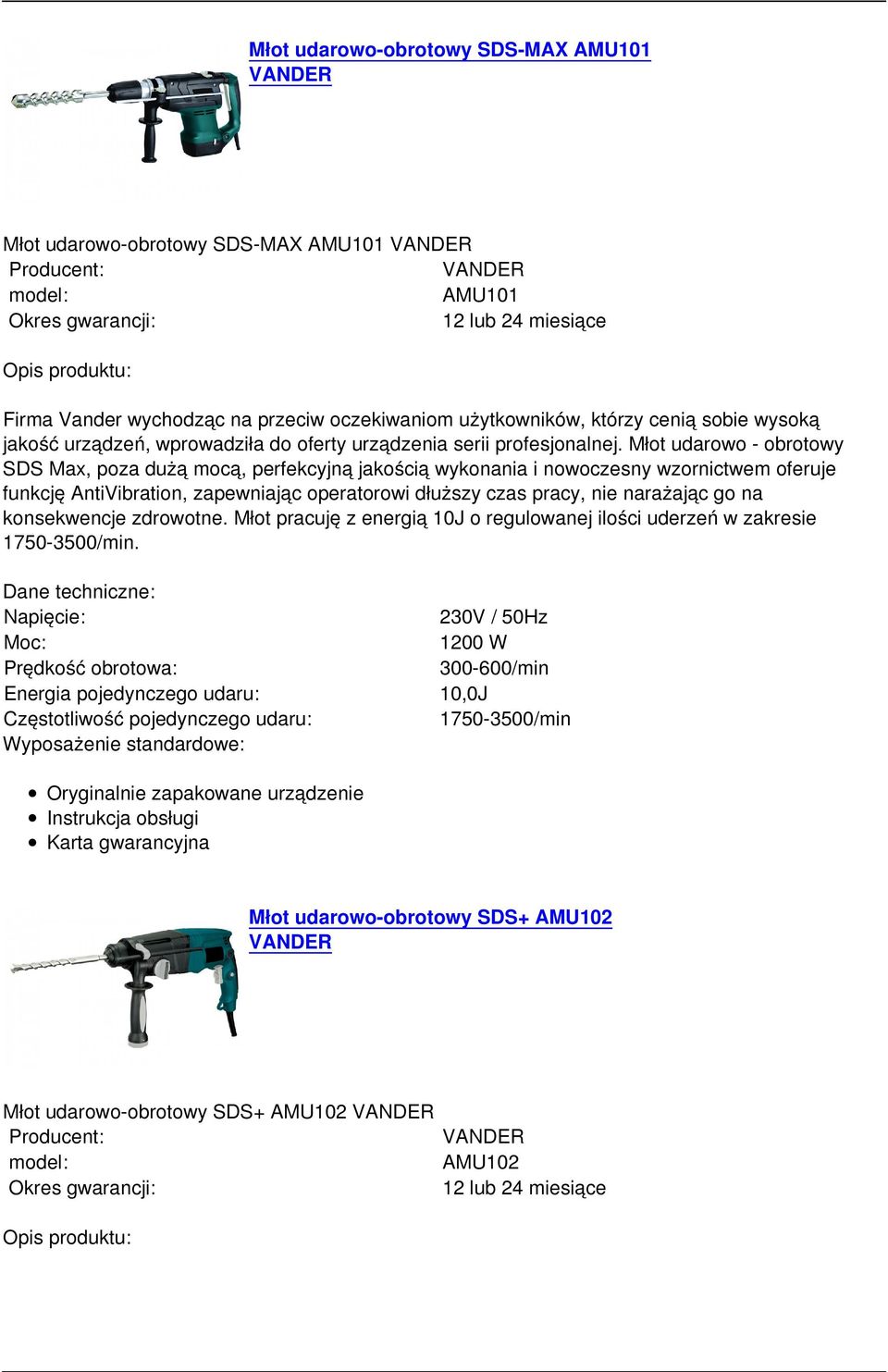 Młot udarowo-obrotowy SDS-MAX AMU101 VANDER - PDF Free Download