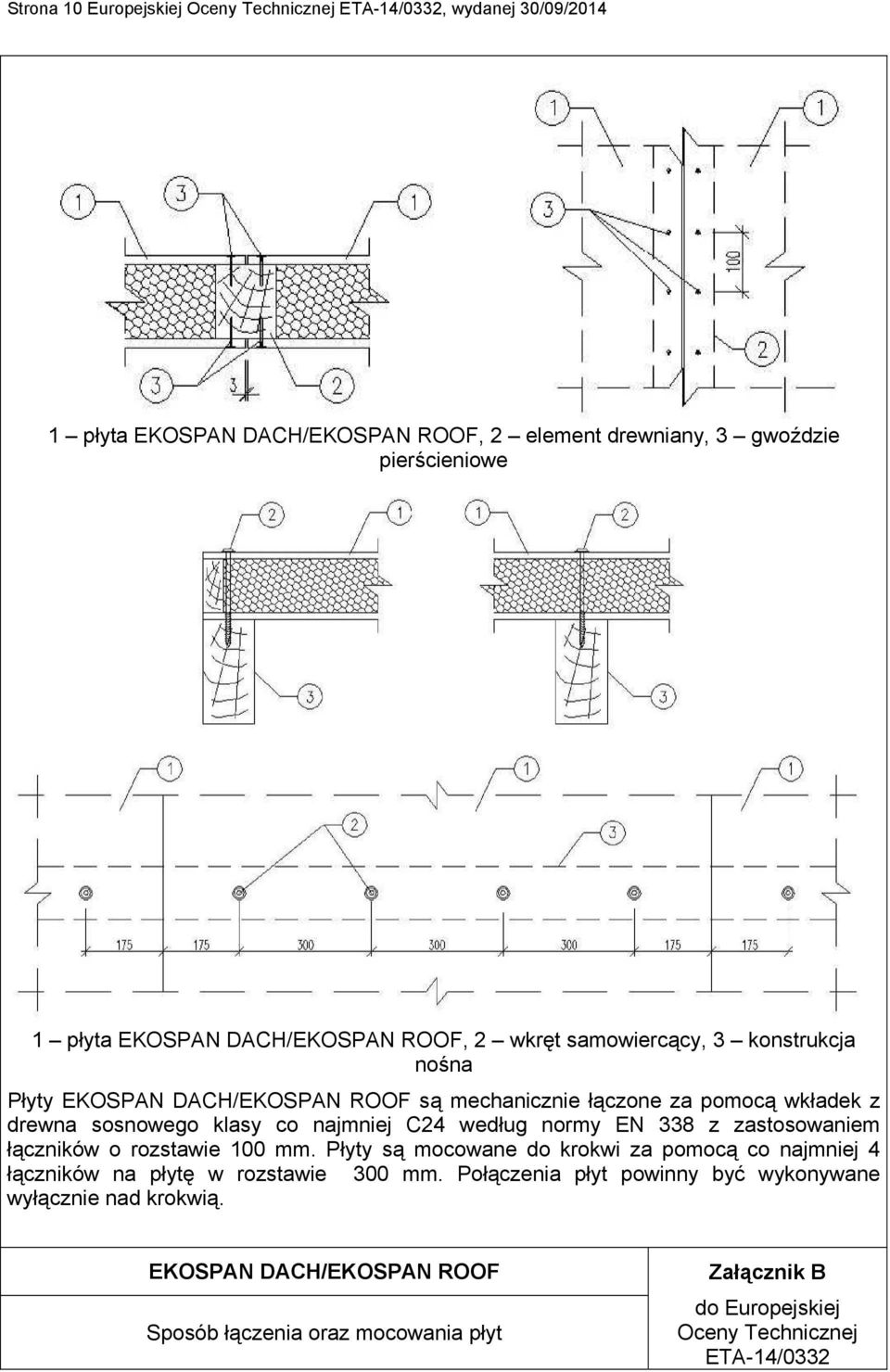 najmniej C24 według normy EN 338 z zastosowaniem łączników o rozstawie 100 mm. Płyty są mocowane do krokwi za pomocą co najmniej 4 łączników na płytę w rozstawie 300 mm.