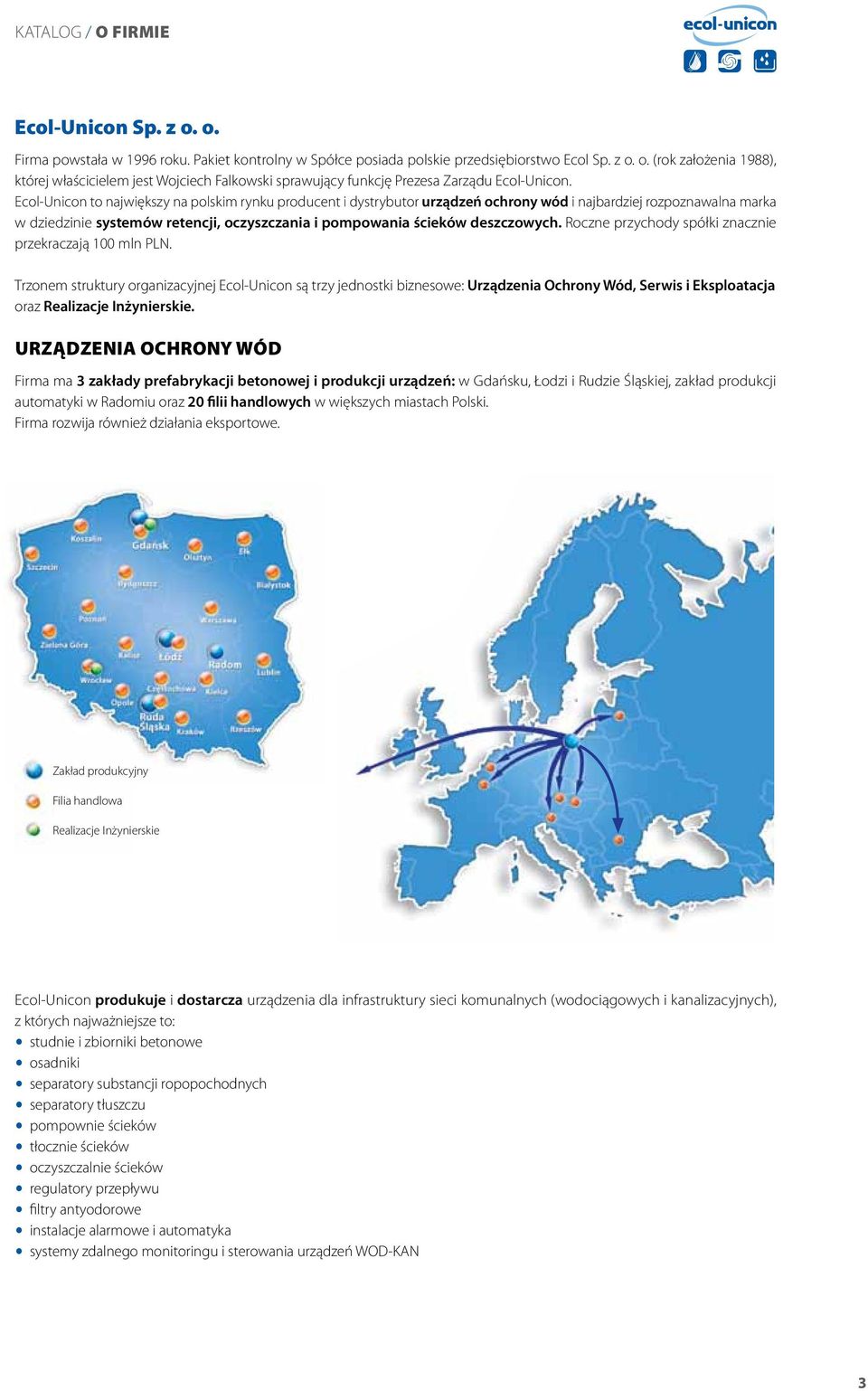 Roczne przychody spółki znacznie przekraczają 100 mln PLN. Trzonem struktury organizacyjnej Ecol-Unicon są trzy jednostki biznesowe: Urządzenia Ochrony Wód, Serwis i Eksploatacja oraz Inżynierskie.