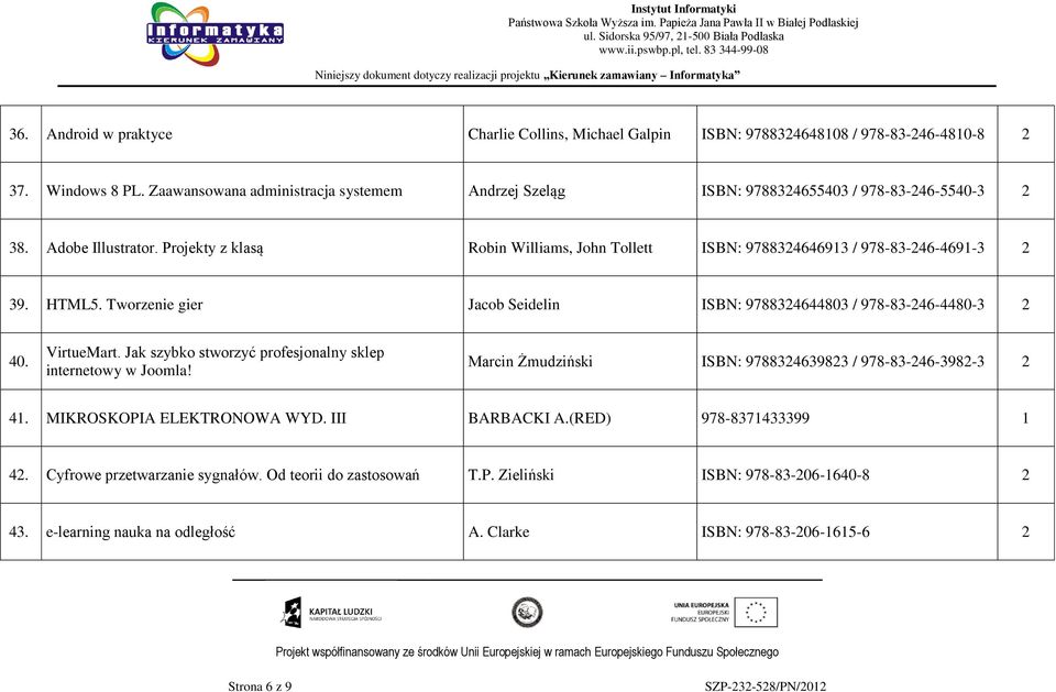 Projekty z klasą Robin Williams, John Tollett ISBN: 9788324646913 / 978-83-246-4691-3 2 39. HTML5. Tworzenie gier Jacob Seidelin ISBN: 9788324644803 / 978-83-246-4480-3 2 40. VirtueMart.