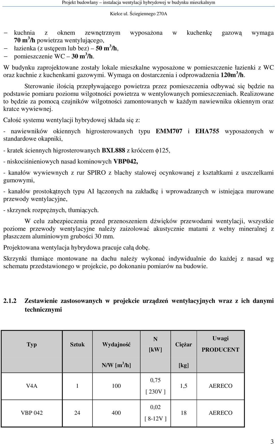 W budynku zaprojektowane zostały lokale mieszkalne wyposaŝone w pomieszczenie łazienki z WC oraz kuchnie z kuchenkami gazowymi. Wymaga on dostarczenia i odprowadzenia 120m 3 /h.