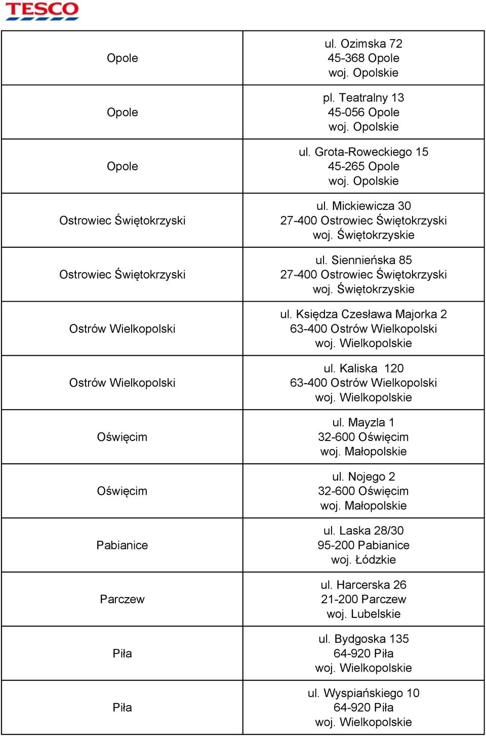 Siennieńska 85 27-400 Ostrowiec Świętokrzyski ul. Księdza Czesława Majorka 2 63-400 Ostrów Wielkopolski ul. Kaliska 120 63-400 Ostrów Wielkopolski ul.