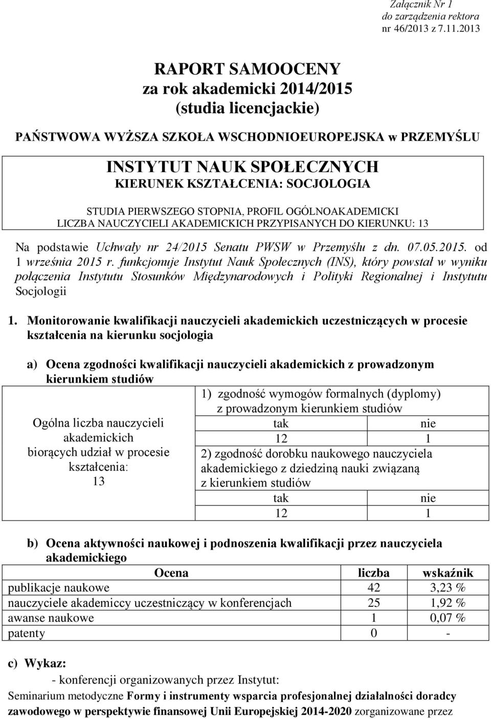 PIERWSZEGO STOPNIA, PROFIL OGÓLNOAKADEMICKI LICZBA NAUCZYCIELI AKADEMICKICH PRZYPISANYCH DO KIERUNKU: 13 Na podstawie Uchwały nr 24/2015 Senatu PWSW w Przemyślu z dn. 07.05.2015. od 1 września 2015 r.