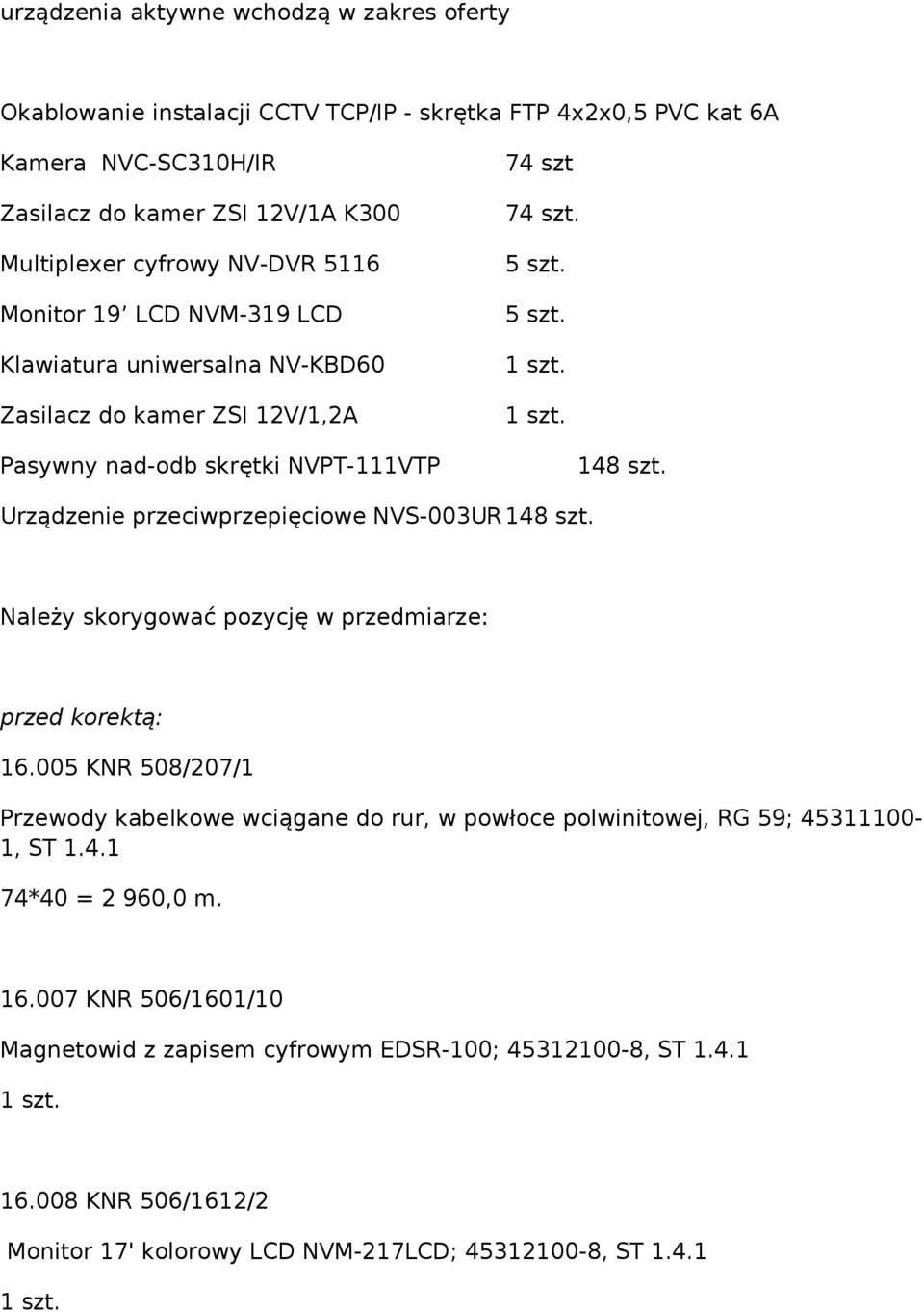 Urządzenie przeciwprzepięciowe NVS-003UR 148 szt. Należy skorygować pozycję w przedmiarze: przed korektą: 16.