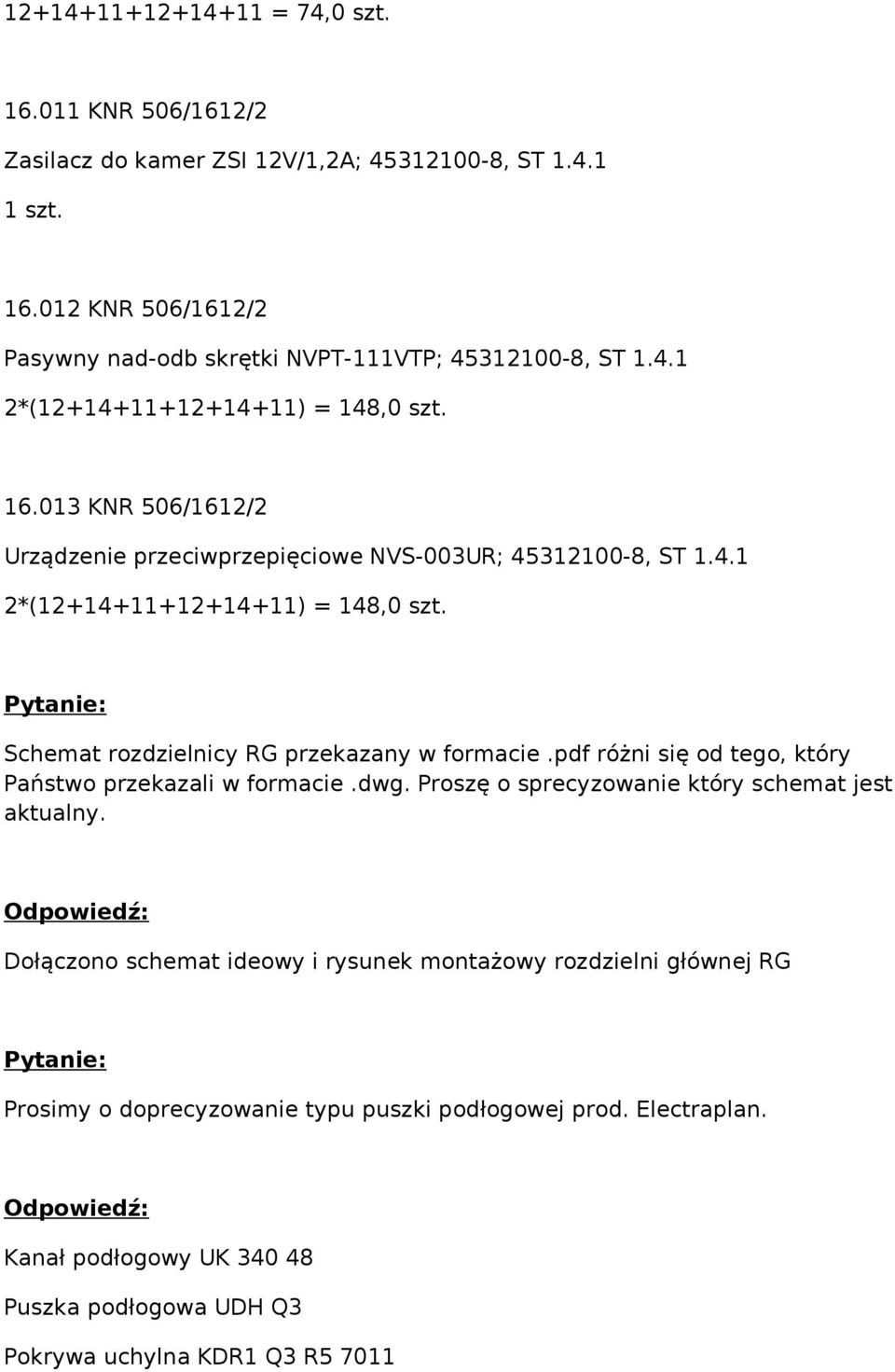 013 KNR 506/1612/2 Urządzenie przeciwprzepięciowe NVS-003UR; 45312100-8, ST 1.4.1 2*(12+14+11+12+14+11) = 148,0 szt. Schemat rozdzielnicy RG przekazany w formacie.