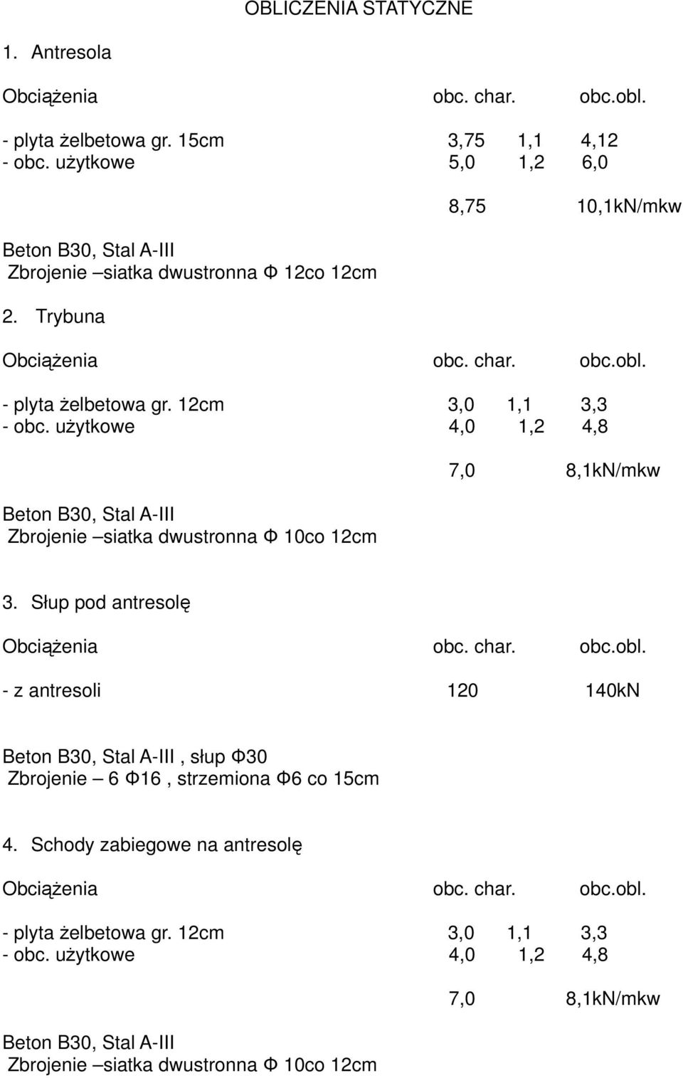 użytkowe 4,0 1,2 4,8 Beton B30, Stal A-III Zbrojenie siatka dwustronna Φ 10co 12cm 7,0 8,1kN/mkw 3.