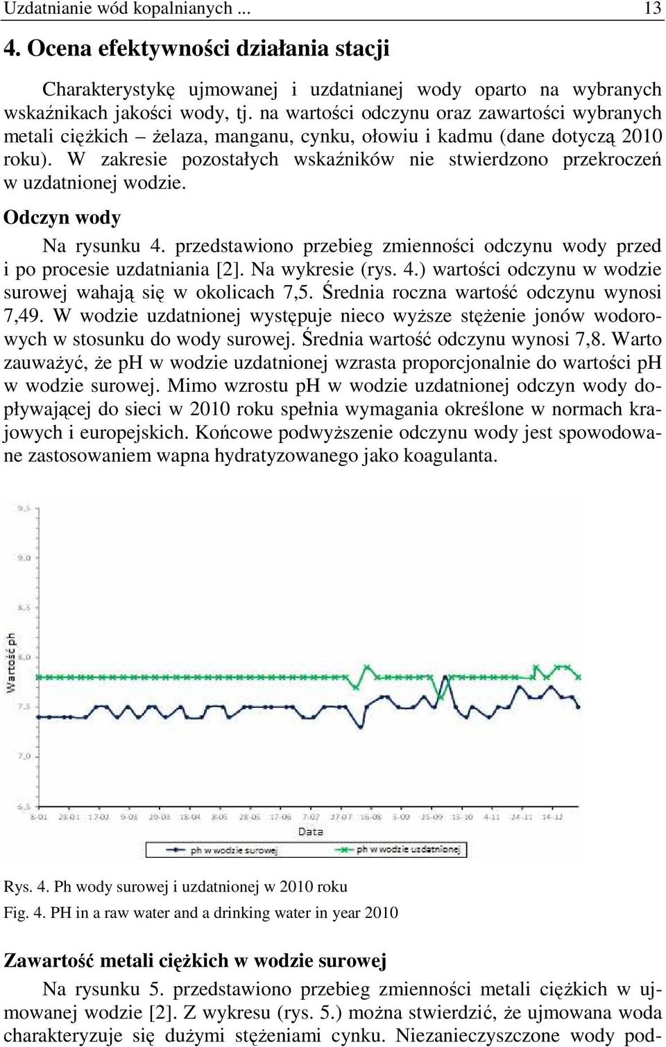 W zakresie pozostałych wskaźników nie stwierdzono przekroczeń w uzdatnionej wodzie. Odczyn wody Na rysunku 4. przedstawiono przebieg zmienności odczynu wody przed i po procesie uzdatniania [2].