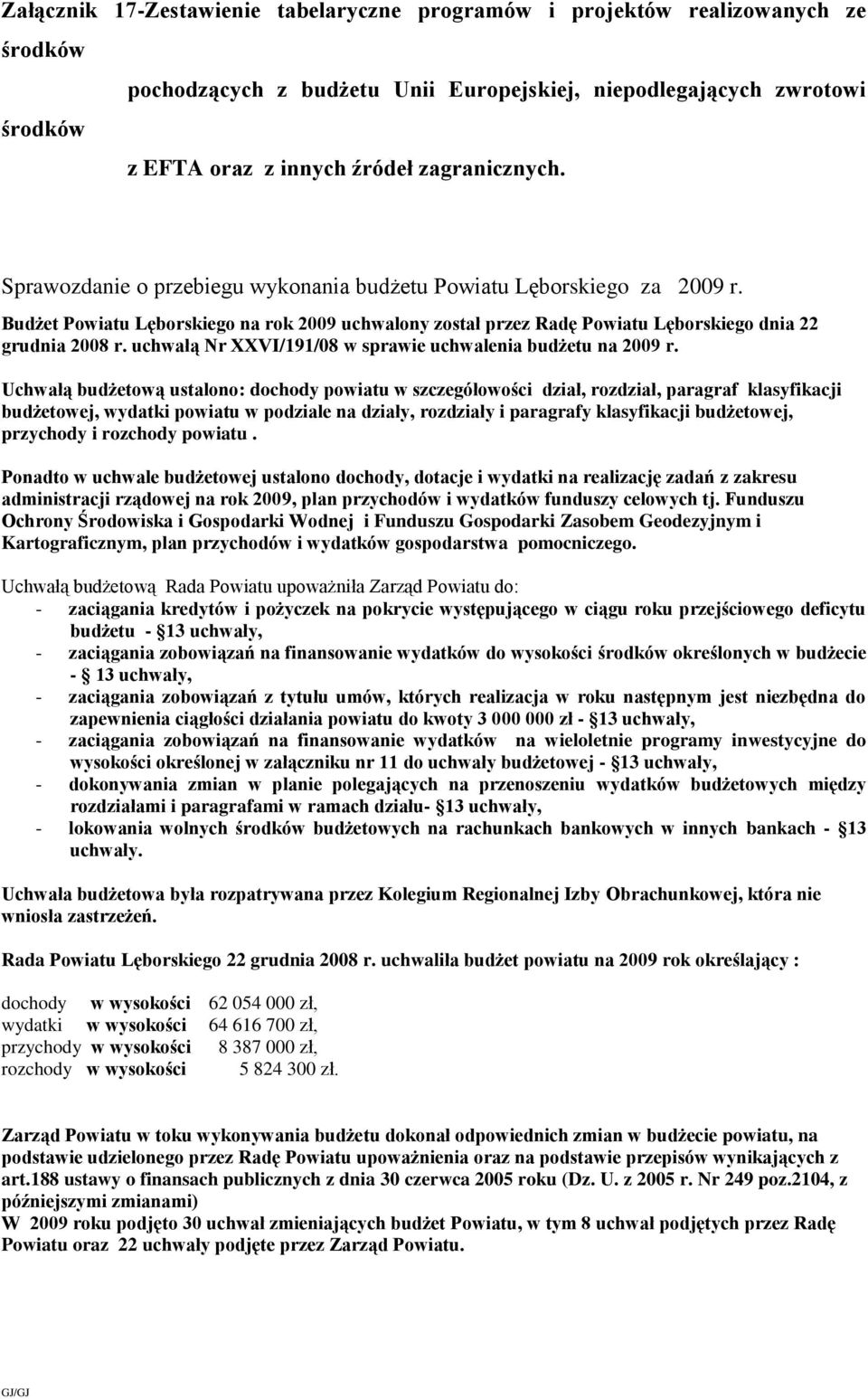 uchwałą Nr XXVI/191/08 w sprawie uchwalenia budżetu na 2009 r.