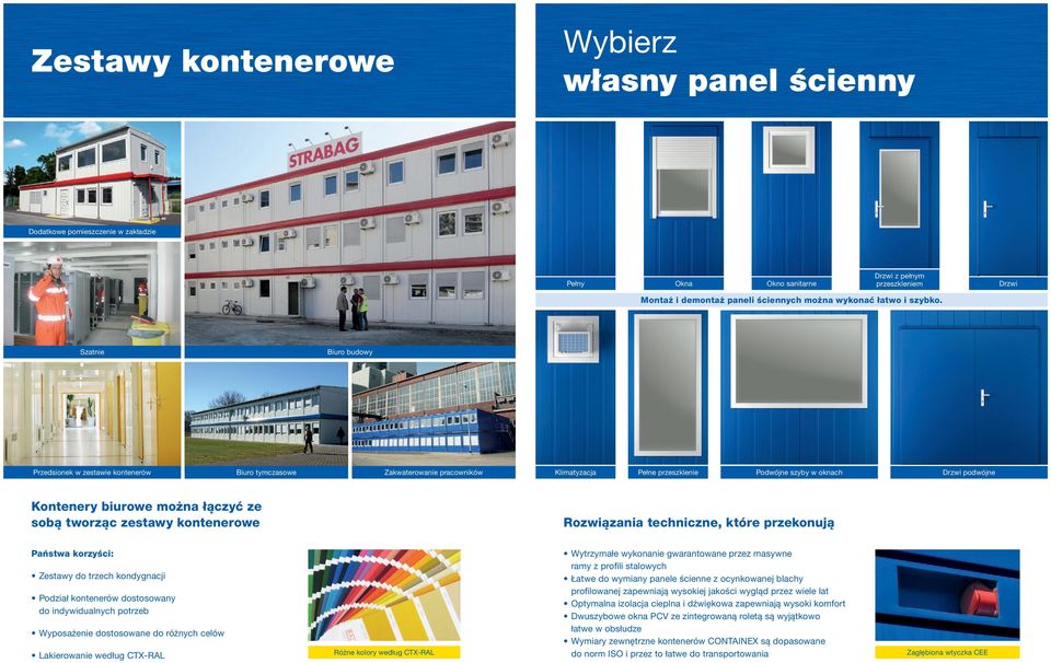 Szatnie Biuro budowy Przedsionek w zestawie kontenerów Biuro tymczasowe Zakwaterowanie pracowników Klimatyzacja Pełne przeszklenie Podwójne szyby w oknach Drzwi podwójne Kontenery biurowe można