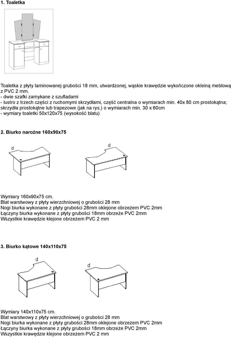 ) o wymiarach min. 30 x 60cm - wymiary toaletki 50x120x75 (wysokość blatu) 2. Biurko narożne 160x90x75 Wymiary 160x90x75 cm.