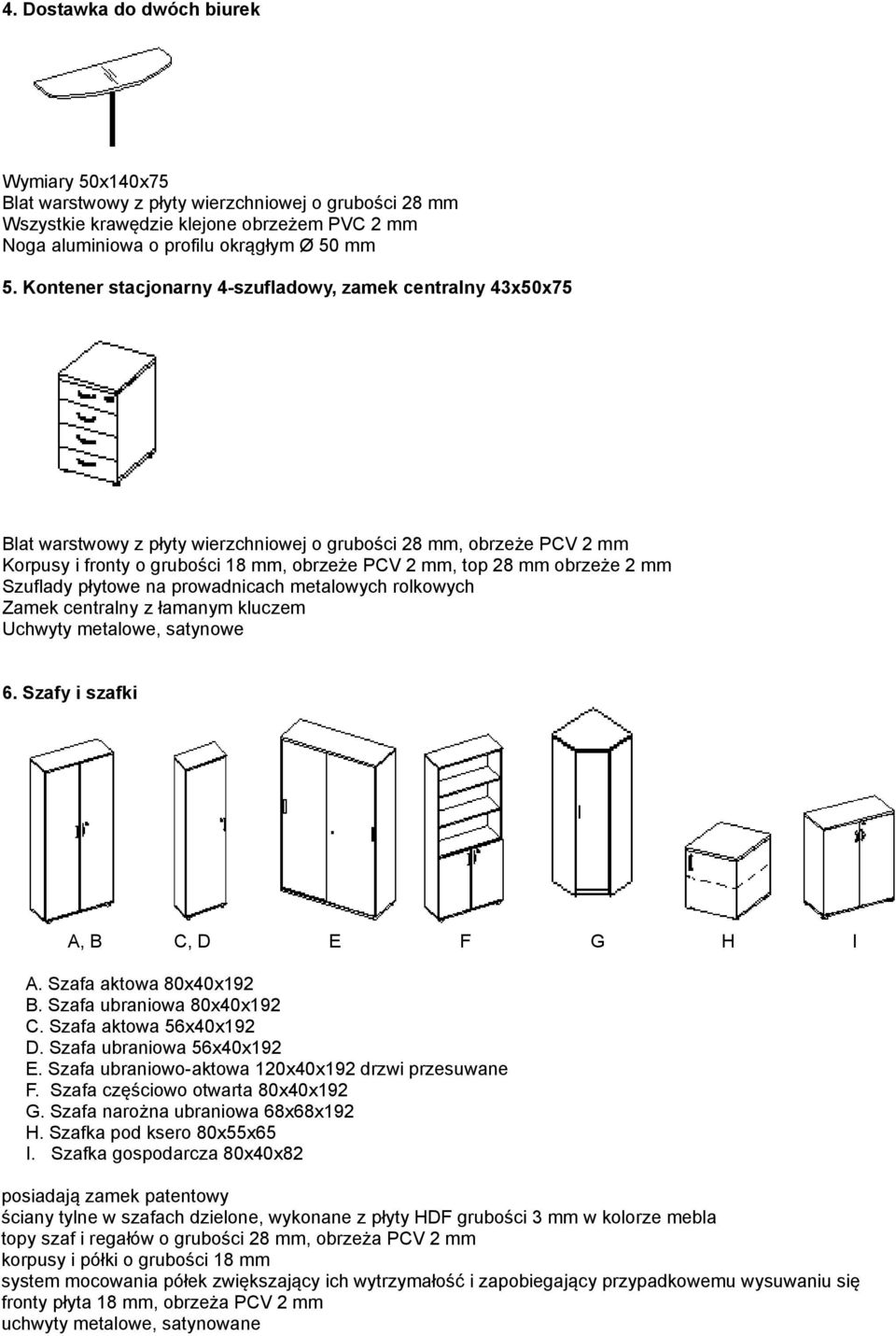 obrzeże 2 mm Szuflady płytowe na prowadnicach metalowych rolkowych Zamek centralny z łamanym kluczem Uchwyty metalowe, satynowe 6. Szafy i szafki A, B C, D E F G H I A. Szafa aktowa 80x40x192 B.