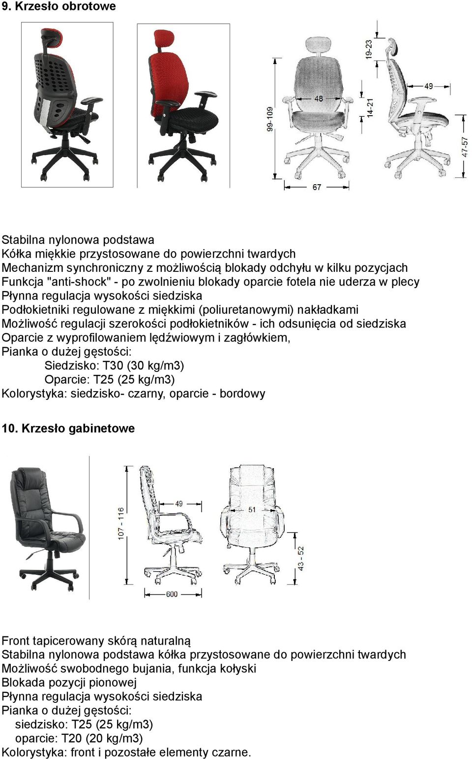 podłokietników - ich odsunięcia od siedziska Oparcie z wyprofilowaniem lędźwiowym i zagłówkiem, Pianka o dużej gęstości: Siedzisko: T30 (30 kg/m3) Oparcie: T25 (25 kg/m3) Kolorystyka: siedzisko-