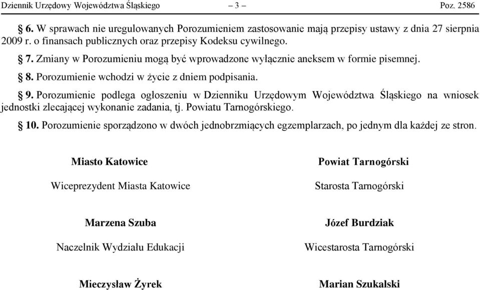 Porozumienie podlega ogłoszeniu w Dzienniku Urzędowym Województwa Śląskiego na wniosek jednostki zlecającej wykonanie zadania, tj. Powiatu Tarnogórskiego. 10.