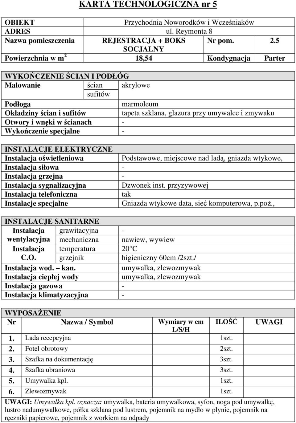 Dzwonek inst. przyzywowej Instalacja telefoniczna tak Gniazda wtykowe data, sieć komputerowa, p.poż., wentylacyjna mechaniczna nawiew, wywiew C.O. grzejnik higieniczny 60cm /2szt.