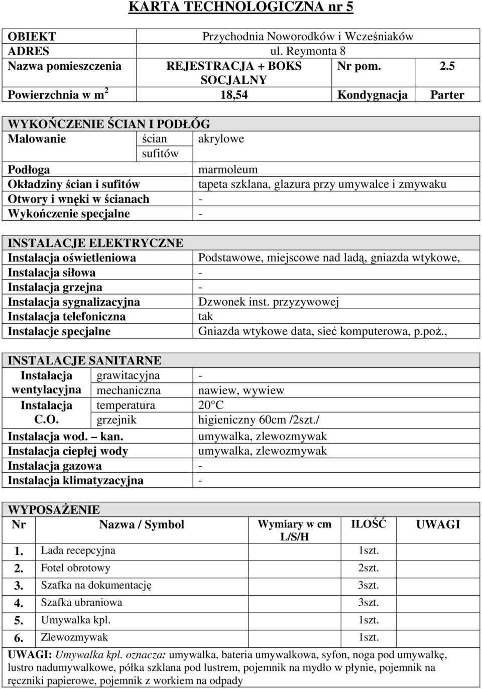 Dzwonek inst. przyzywowej Instalacja telefoniczna tak Gniazda wtykowe data, sieć komputerowa, p.poż., wentylacyjna mechaniczna nawiew, wywiew C.O. grzejnik higieniczny 60cm /2szt.