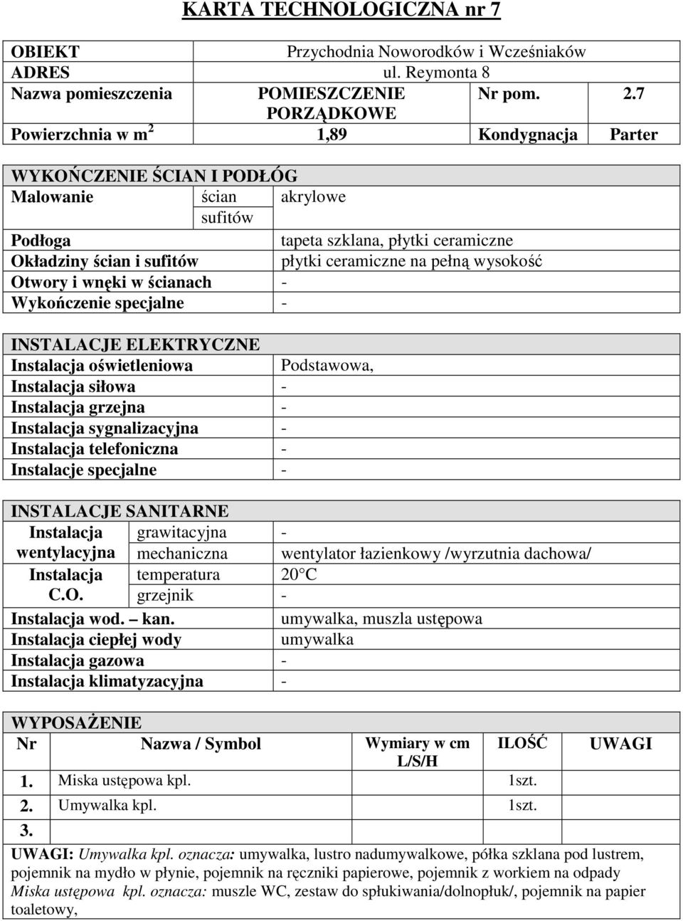 wentylacyjna mechaniczna wentylator łazienkowy /wyrzutnia dachowa/ C.O. grzejnik - umywalka, muszla ustępowa umywalka 1. Miska ustępowa kpl. 1szt. 2. Umywalka kpl. 1szt. 3.