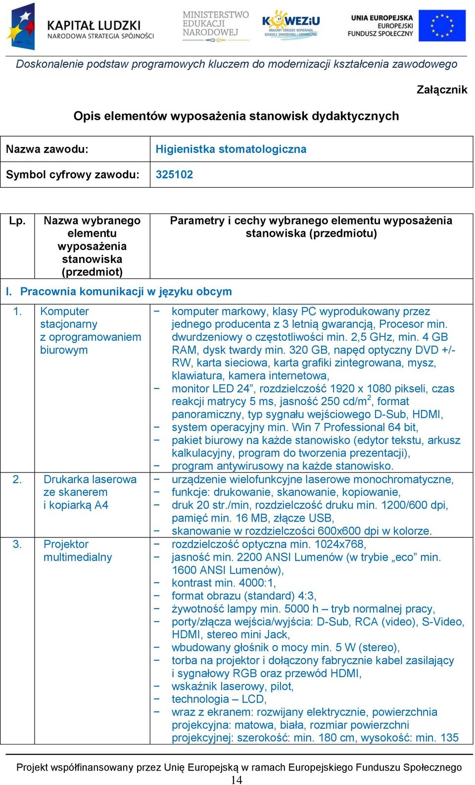 Projektor multimedialny Parametry i cechy wybranego elementu wyposażenia stanowiska (przedmiotu) komputer markowy, klasy PC wyprodukowany przez jednego producenta z 3 letnią gwarancją, Procesor min.