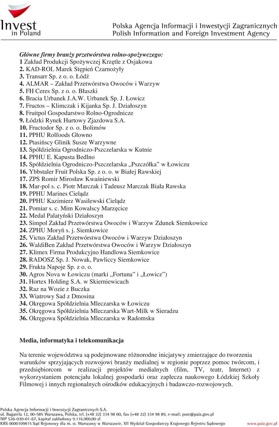 Fruitpol Gospodarstwo Rolno-Ogrodnicze 9. Łódzki Rynek Hurtowy Zjazdowa S.A. 10. Fructodor Sp. z o. o. Bolimów 11. PPHU Rolfoods Głowno 12. Ptasi scy Glinik Susze Warzywne 13.