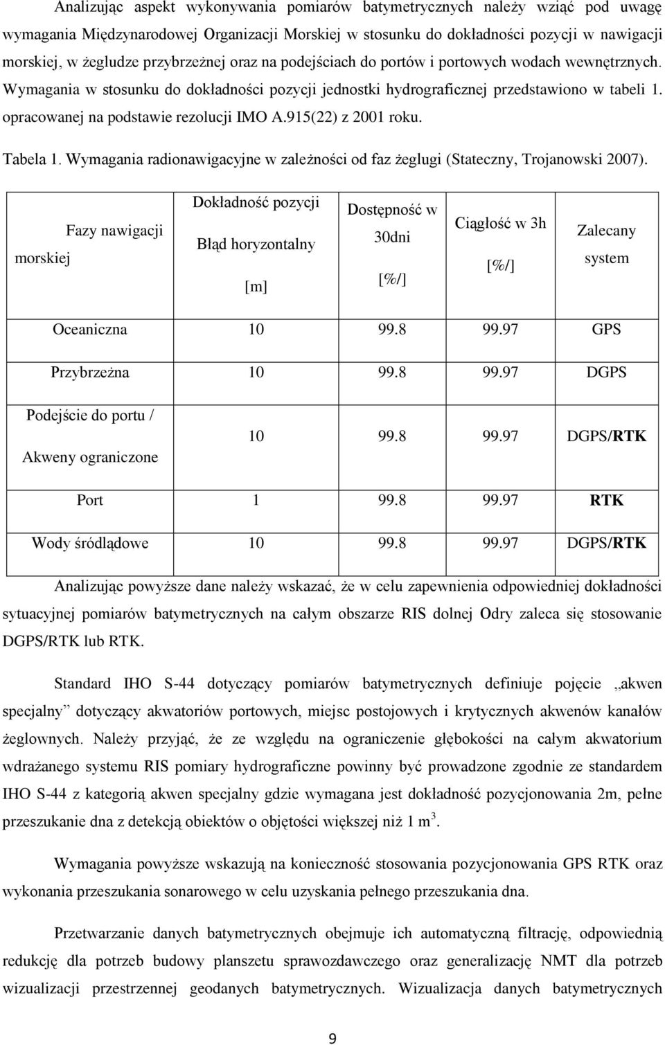 opracowanej na podstawie rezolucji IMO A.915(22) z 2001 roku. Tabela 1. Wymagania radionawigacyjne w zależności od faz żeglugi (Stateczny, Trojanowski 2007).
