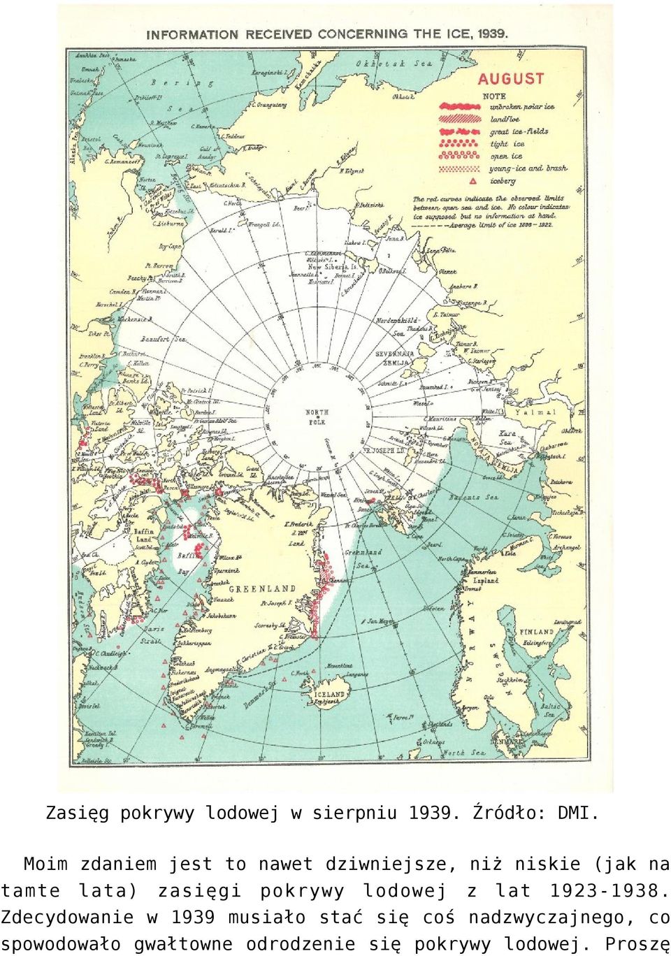 zasięgi pokrywy lodowej z lat 1923-1938.