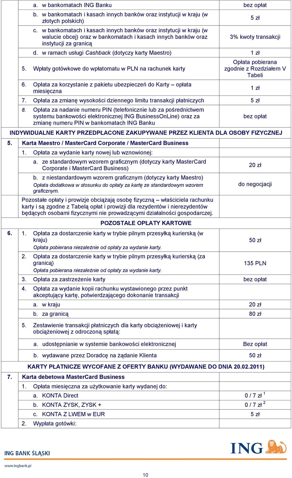 w ramach usługi Cashback (dotyczy karty Maestro) 1 zł 5. Wpłaty gotówkowe do wpłatomatu w PLN na rachunek karty 6.