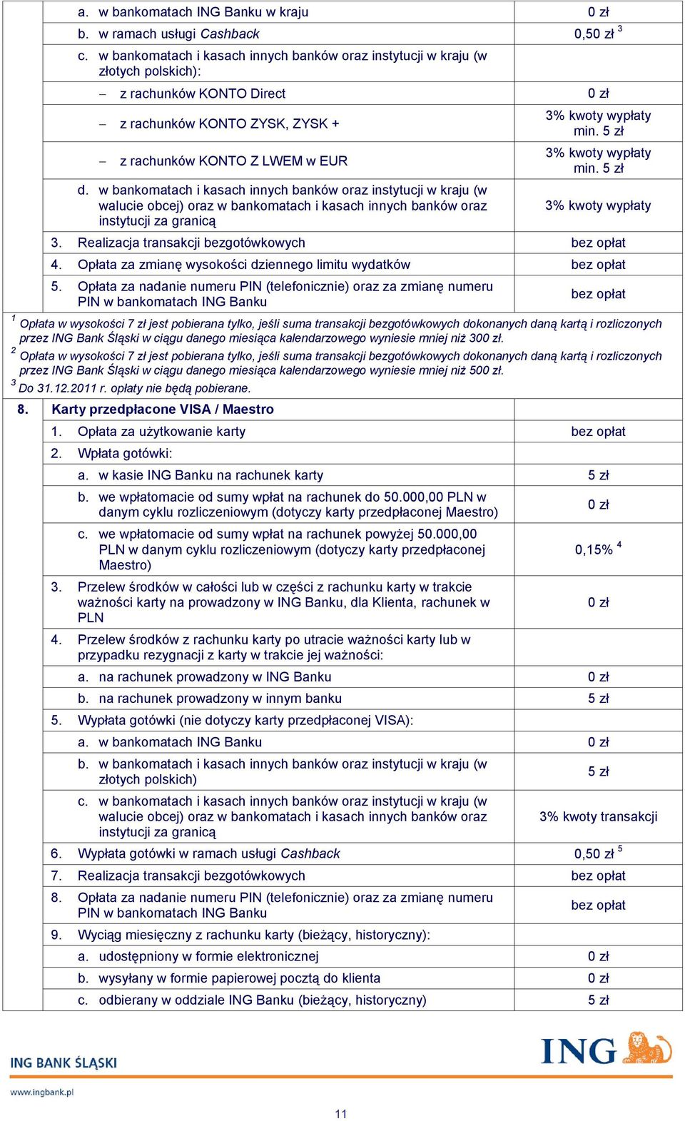 w bankomatach i kasach innych banków oraz instytucji w kraju (w walucie obcej) oraz w bankomatach i kasach innych banków oraz instytucji za granicą 0 zł 3% kwoty wypłaty min.