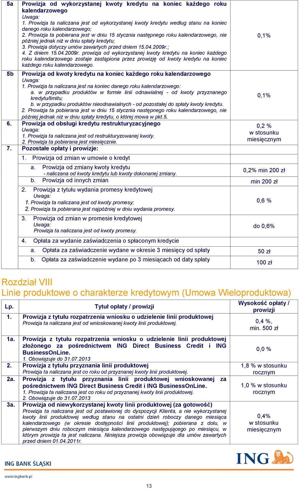 04.2009r. prowizja od wykorzystanej kwoty kredytu na koniec każdego roku kalendarzowego zostaje zastąpiona przez prowizję od kwoty kredytu na koniec każdego roku kalendarzowego.