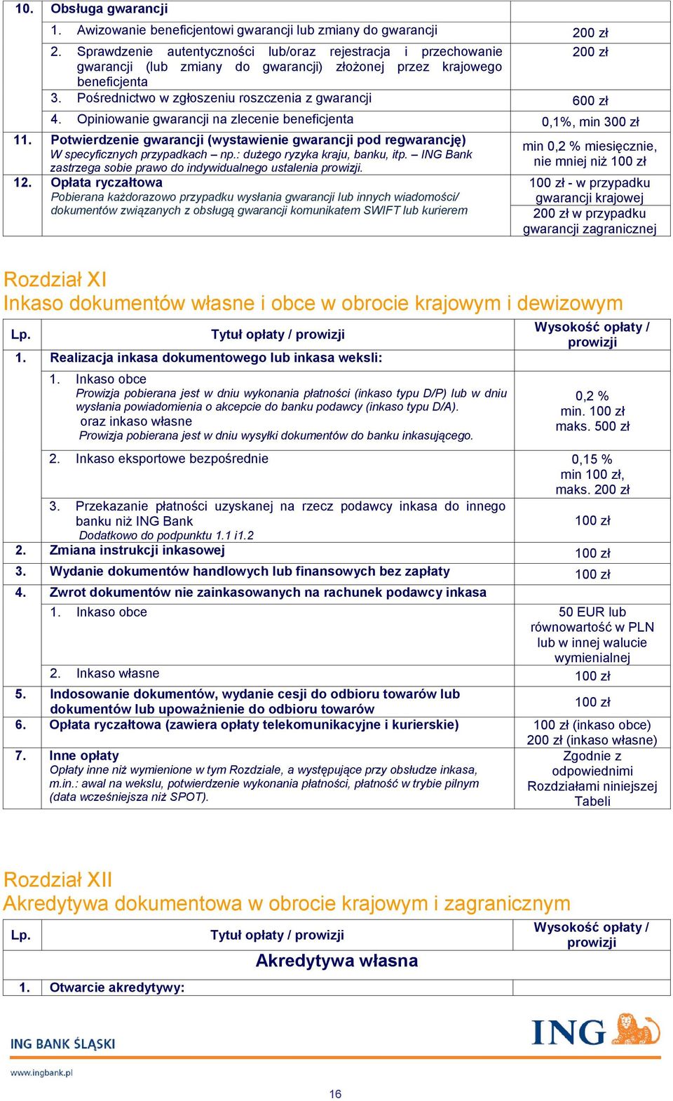 Pośrednictwo w zgłoszeniu roszczenia z gwarancji 600 zł 4. Opiniowanie gwarancji na zlecenie beneficjenta 0,1%, min 300 zł 11.
