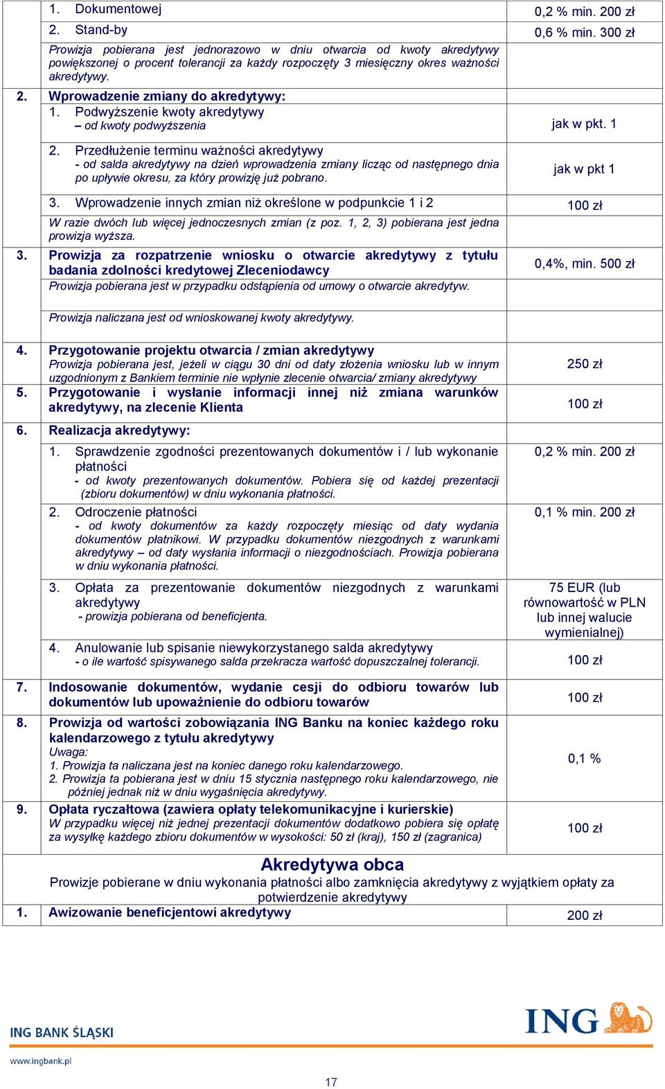 Wprowadzenie zmiany do akredytywy: 1. Podwyższenie kwoty akredytywy od kwoty podwyższenia jak w pkt. 1 2.