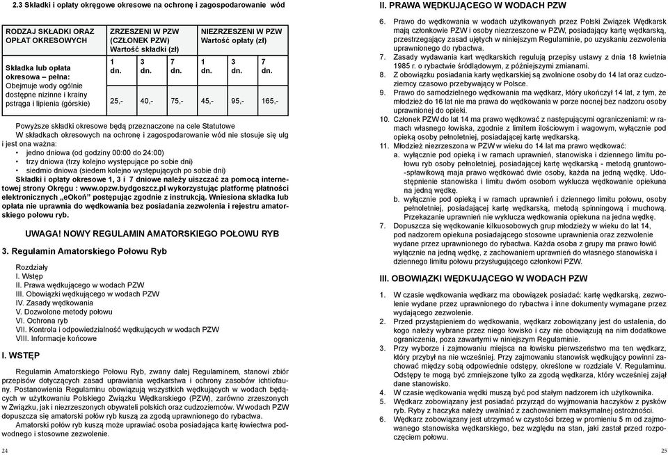 (CZŁONEK PZW) Wartość składki (zł) 1 dn. 3 dn. 7 dn.