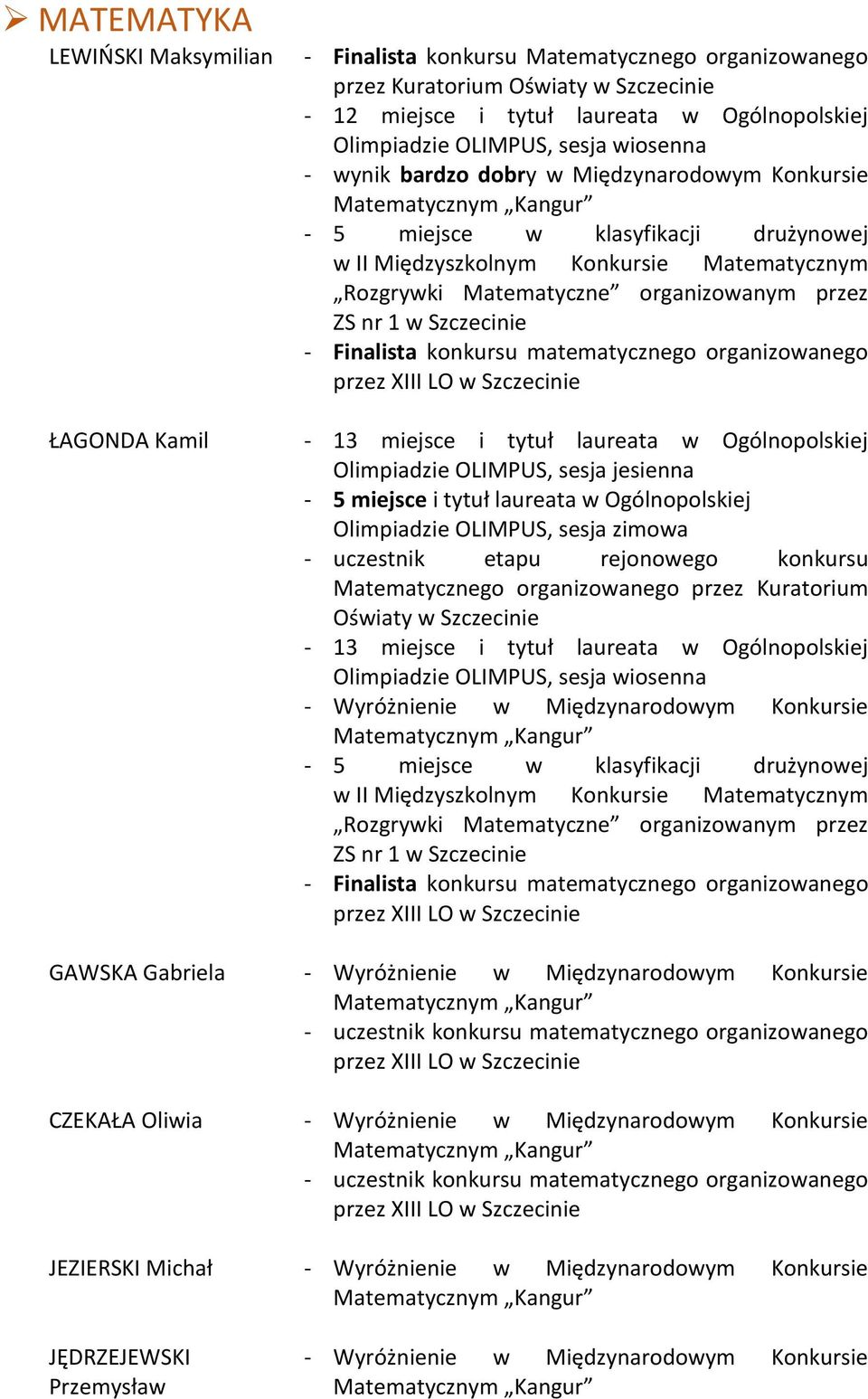 Szczecinie Finalista konkursu matematycznego organizowanego 13 miejsce i tytuł laureata w Ogólnopolskiej 5 miejsce i tytuł laureata w Ogólnopolskiej uczestnik etapu rejonowego konkursu Matematycznego
