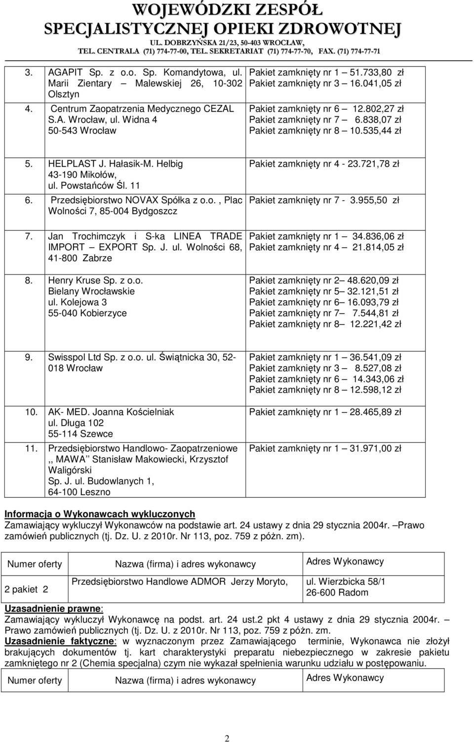 Helbig 43-190 Mikołów, ul. Powstańców Śl. 11 6. Przedsiębiorstwo NOVAX Spółka z o.o., Plac Wolności 7, 85-004 Bydgoszcz Pakiet zamknięty nr 4-23.721,78 zł Pakiet zamknięty nr 7-3.955,50 zł 7.