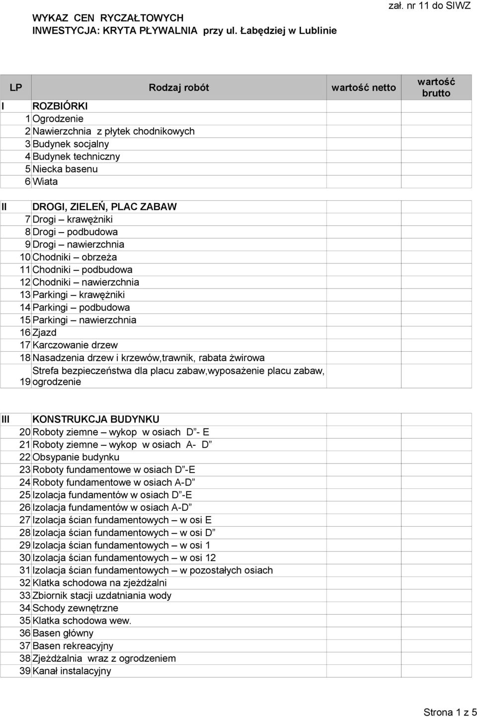 7 Drogi krawężniki 8 Drogi podbudowa 9 Drogi nawierzchnia 10 Chodniki obrzeża 11 Chodniki podbudowa 12 Chodniki nawierzchnia 13 Parkingi krawężniki 14 Parkingi podbudowa 15 Parkingi nawierzchnia 16