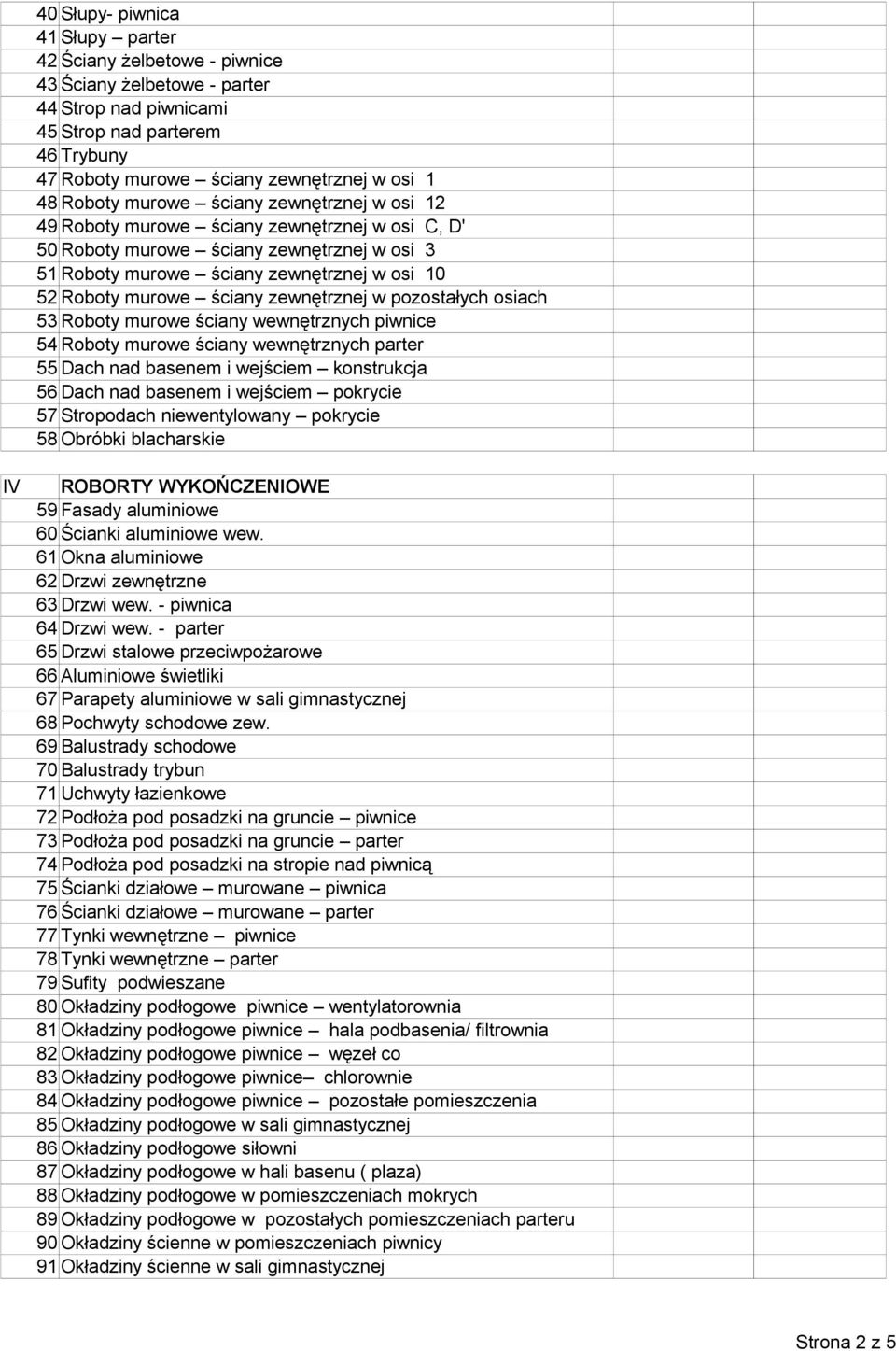 ściany zewnętrznej w pozostałych osiach 53 Roboty murowe ściany wewnętrznych piwnice 54 Roboty murowe ściany wewnętrznych parter 55 Dach nad basenem i wejściem konstrukcja 56 Dach nad basenem i