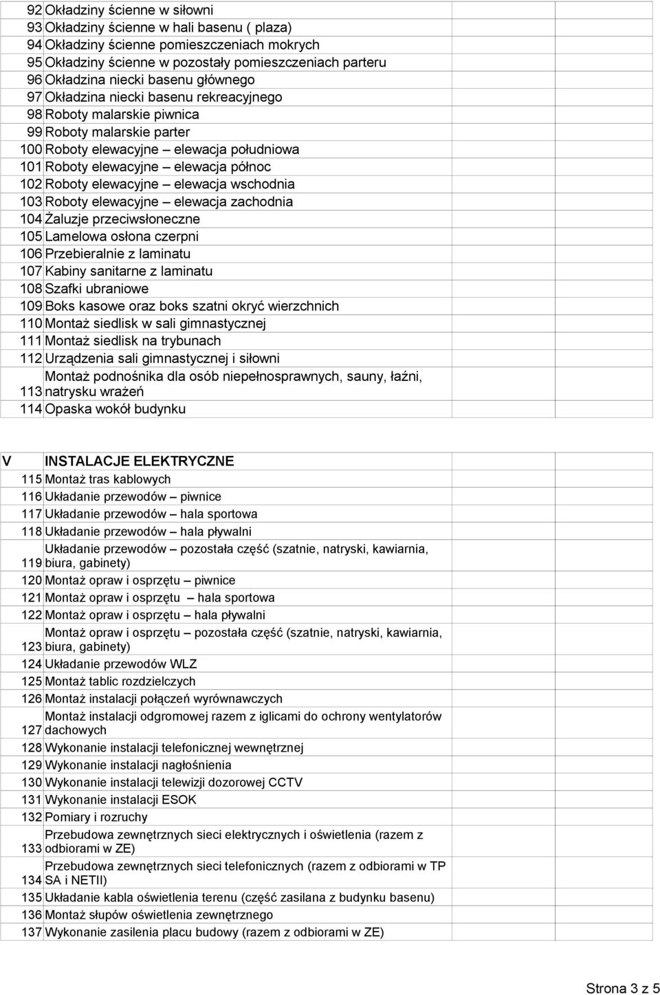 Roboty elewacyjne elewacja wschodnia 103 Roboty elewacyjne elewacja zachodnia 104 Żaluzje przeciwsłoneczne 105 Lamelowa osłona czerpni 106 Przebieralnie z laminatu 107 Kabiny sanitarne z laminatu 108