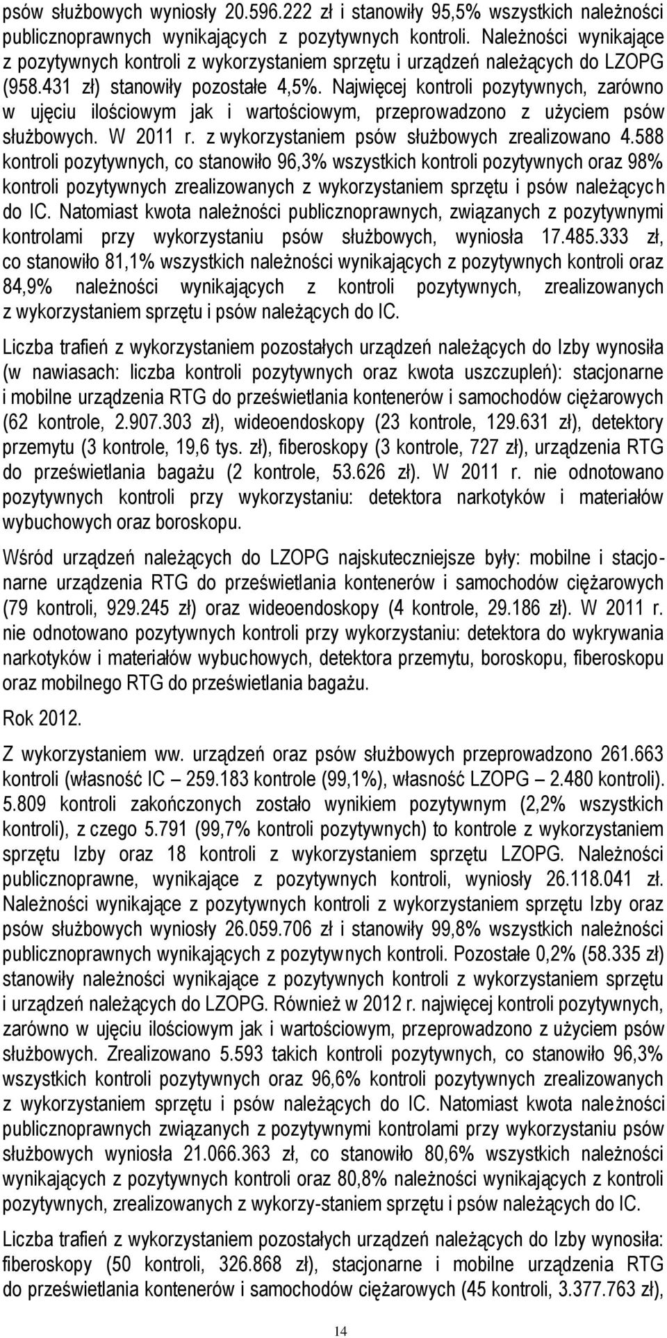 Najwięcej kontroli pozytywnych, zarówno w ujęciu ilościowym jak i wartościowym, przeprowadzono z użyciem psów służbowych. W 2011 r. z wykorzystaniem psów służbowych zrealizowano 4.